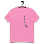 Pink t-shirt on a hanger featuring the phrase "Walking The Potent Path Slowly" in white text across the chest, with a vertical trail of small green footprints with cannabis leaves inside between "Path" and "Slowly"