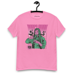 Pink T-shirt on a hanger featuring a stylised illustration of a woman with long hair lighting a bong, and the text "BONGS AWAY" distorted above her, along with a small "420" emblem at the bottom left