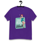 Purple T-shirt on a hanger featuring a retro-style illustration of a woman in a teal dress holding a smoking joint, next to the text “TODAY'S GOOD MOOD IS SPONSORED BY Weed"