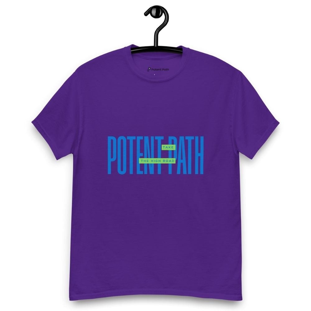 Purple t-shirt on a hanger featuring large blue text that reads "POTENT PATH," with a small green overlay in the centre containing the words "TAKE THE HIGH ROAD"