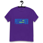 Purple t-shirt on a hanger featuring large blue text that reads "POTENT PATH," with a small green overlay in the centre containing the words "TAKE THE HIGH ROAD"