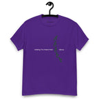 Purple t-shirt on a hanger featuring the phrase "Walking The Potent Path Slowly" in white text across the chest, with a vertical trail of small green footprints with cannabis leaves inside between "Path" and "Slowly"