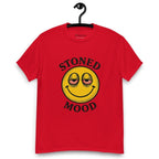 Red T-shirt on a hanger with a yellow smiley face with droopy, bloodshot eyes and the phrase "STONED MOOD" printed above and below the graphic