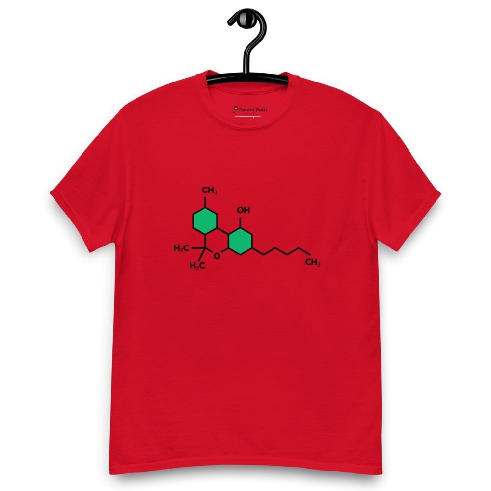 Red t-shirt with the THC chemical structure design on its chest, on a hanger against a white background