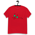Red t-shirt with the THC chemical structure design on its chest, on a hanger against a white background