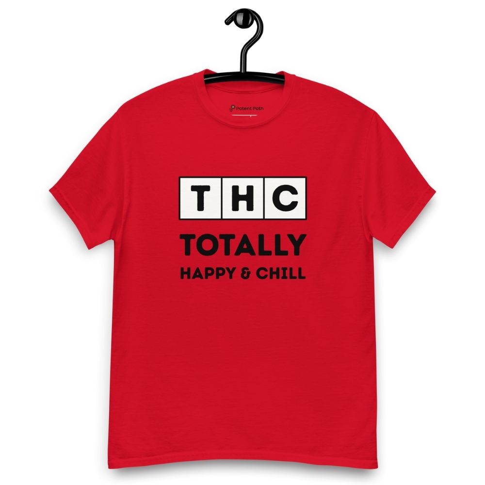 Red t-shirt on a hanger and white background with the text 'THC' in individual square blocks and the words 'Totally Happy & Chill' underneath