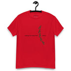 Red t-shirt on a hanger featuring the phrase "Walking The Potent Path Slowly" in white text across the chest, with a vertical trail of small green footprints with cannabis leaves inside between "Path" and "Slowly"