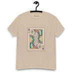 A sandy colour T-shirt on a hanger featuring a vintage-style playing card design of the King holding a weed joint, with the suit replaced by cannabis leaves