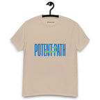 Sandy colour t-shirt on a hanger featuring large blue text that reads "POTENT PATH," with a small green overlay in the centre containing the words "TAKE THE HIGH ROAD"