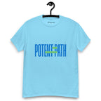 Sky blue t-shirt on a hanger featuring large blue text that reads "POTENT PATH," with a small green overlay in the centre containing the words "TAKE THE HIGH ROAD"
