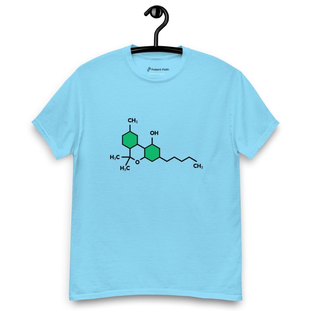 Light blue t-shirt with the THC chemical structure design on its chest, on a hanger against a white background