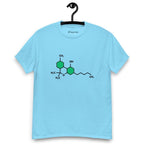 Light blue t-shirt with the THC chemical structure design on its chest, on a hanger against a white background