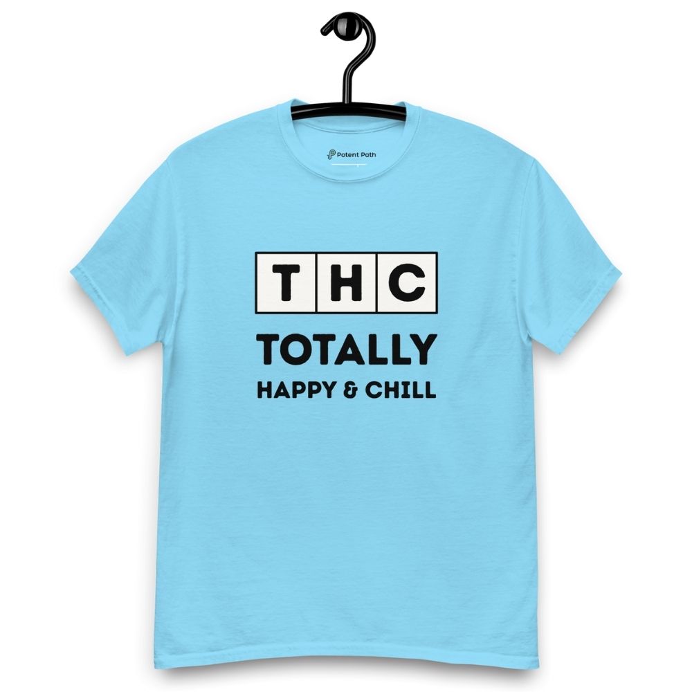 Sky blue t-shirt on a hanger and white background with the text 'THC' in individual square blocks and the words 'Totally Happy & Chill' underneath