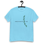 Sky blue t-shirt on a hanger featuring the phrase "Walking The Potent Path Slowly" in white text across the chest, with a vertical trail of small green footprints with cannabis leaves inside between "Path" and "Slowly"