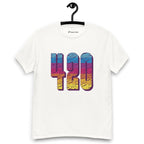 White T-shirt on a hanger featuring a large 420 graphic in a blue-to-pink-to-yellow gradient, filled with a repeating textured pattern of small 420 numbers
