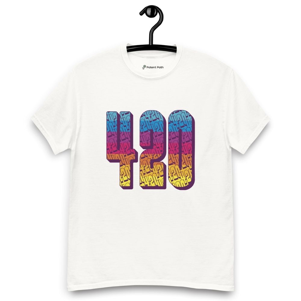 White T-shirt on a hanger featuring a large 420 graphic in a blue-to-pink-to-yellow gradient, filled with a repeating textured pattern of small 420 numbers