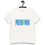 White t-shirt on a hanger featuring large blue text that reads "POTENT PATH," with a small green overlay in the centre containing the words "TAKE THE HIGH ROAD"