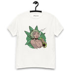 White T-shirt on a hanger featuring a graphic on the chest of a pin-up style woman smoking a joint, framed by large green cannabis leaves