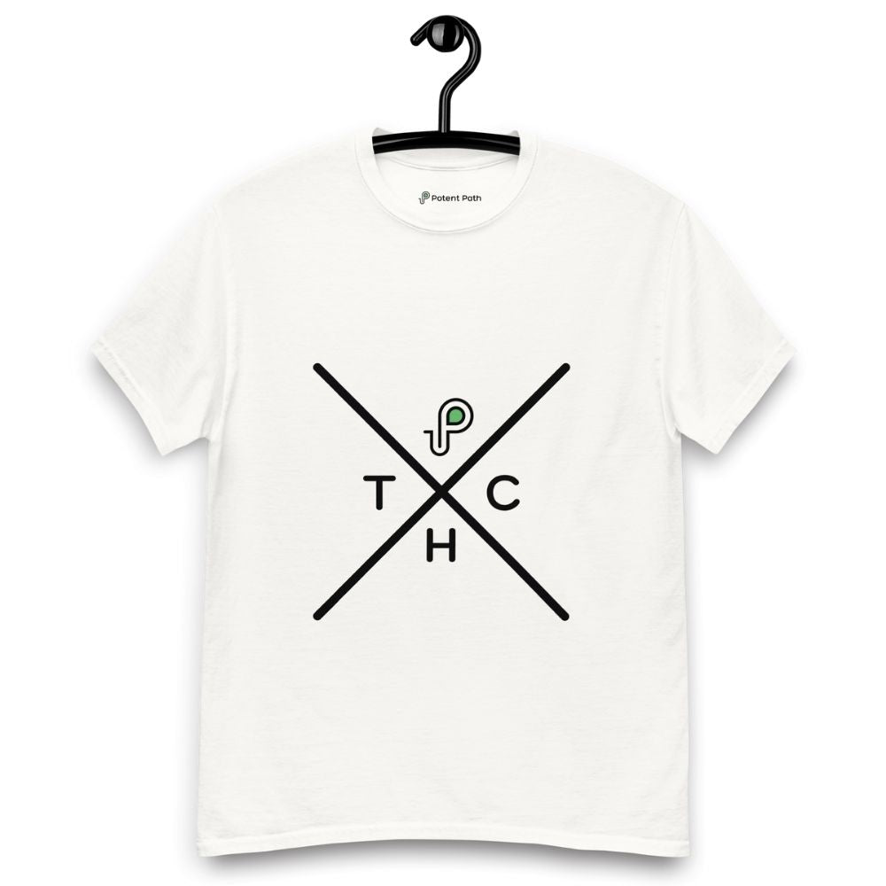 White t-shirt on a hanger featuring a minimalist crossed-line design with the letters T, H, C, arranged in the quadrants, and a small green-and-black "P" logo positioned above the centre of the cross