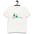 White t-shirt with the THC chemical structure design on its chest, on a hanger against a white background