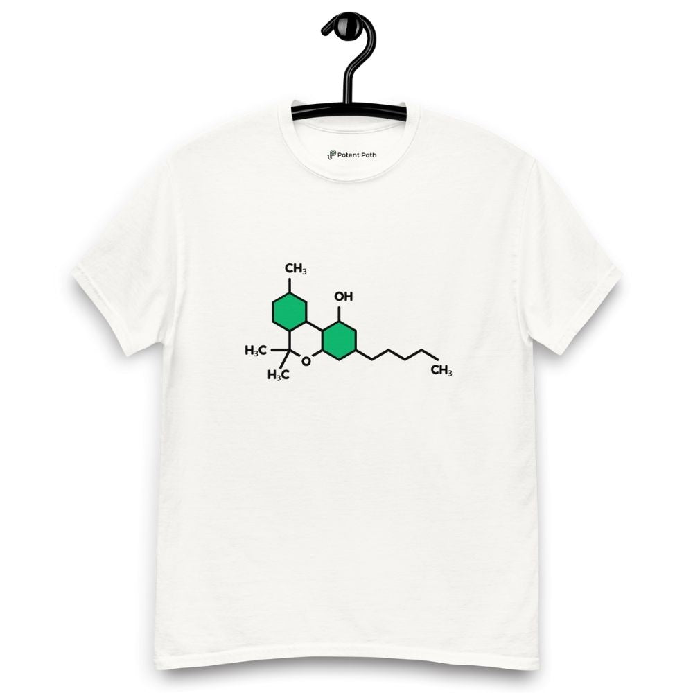 White t-shirt with the THC chemical structure design on its chest, on a hanger against a white background