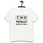 White t-shirt on a hanger and white background with the text 'THC' in individual square blocks and the words 'Totally Happy & Chill' underneath