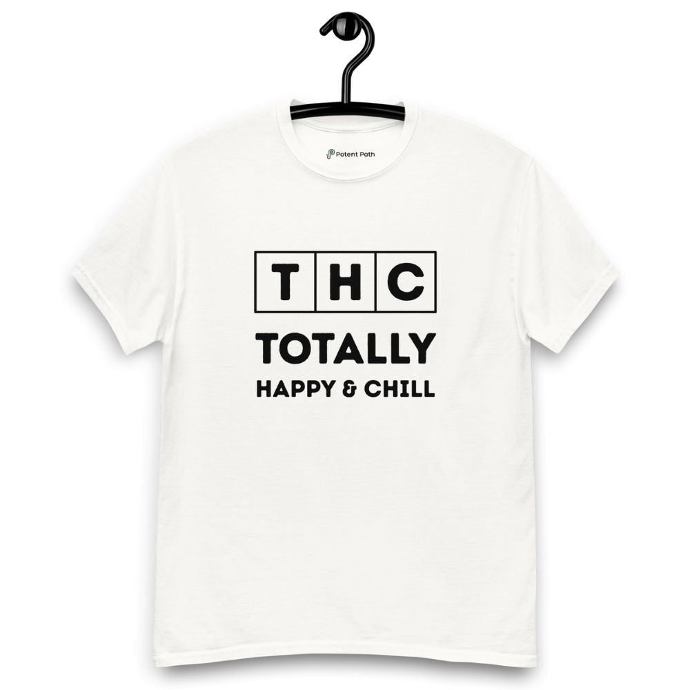 White t-shirt on a hanger and white background with the text 'THC' in individual square blocks and the words 'Totally Happy & Chill' underneath