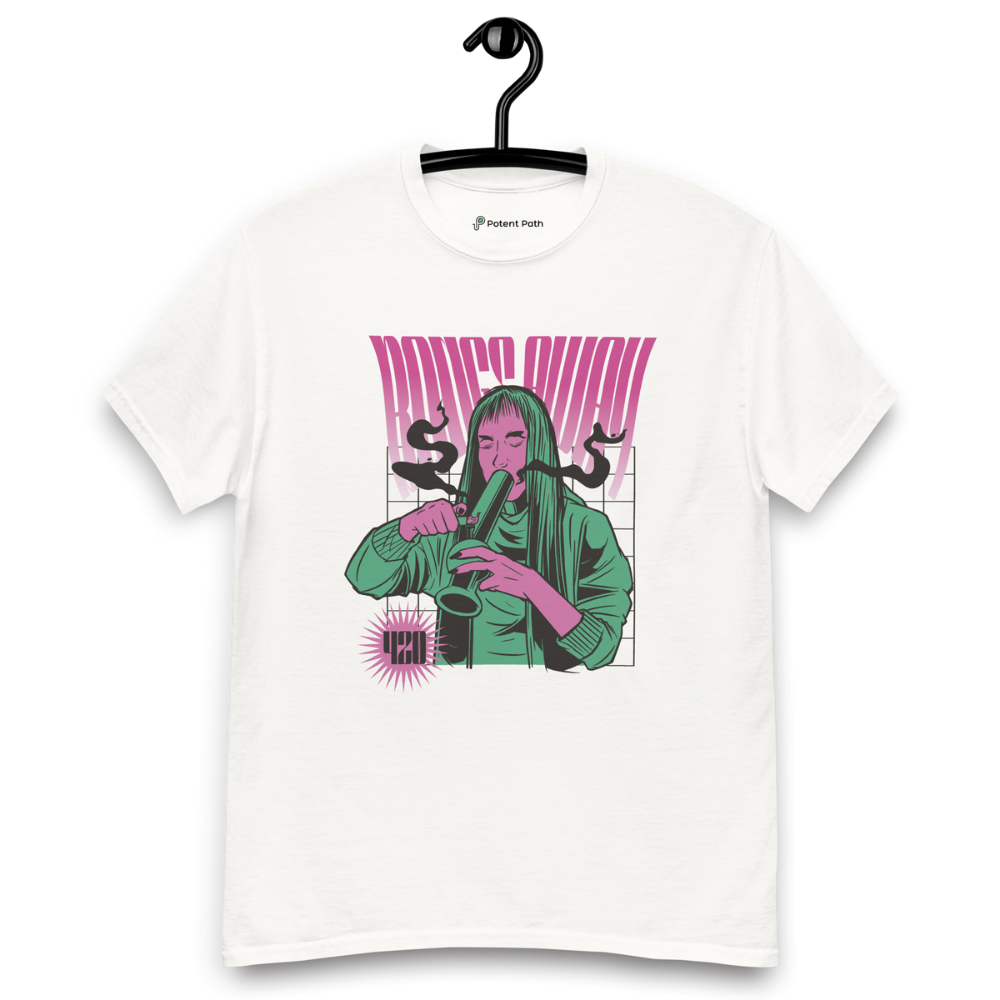 White T-shirt on a hanger featuring a stylised illustration of a woman with long hair lighting a bong, and the text "BONGS AWAY" distorted above her, along with a small "420" emblem at the bottom left
