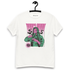 White T-shirt on a hanger featuring a stylised illustration of a woman with long hair lighting a bong, and the text "BONGS AWAY" distorted above her, along with a small "420" emblem at the bottom left