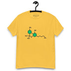 Yellow t-shirt with the THC chemical structure design on its chest, on a hanger against a white background