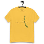 Yellow t-shirt on a hanger featuring the phrase "Walking The Potent Path Slowly" in white text across the chest, with a vertical trail of small green footprints with cannabis leaves inside between "Path" and "Slowly"